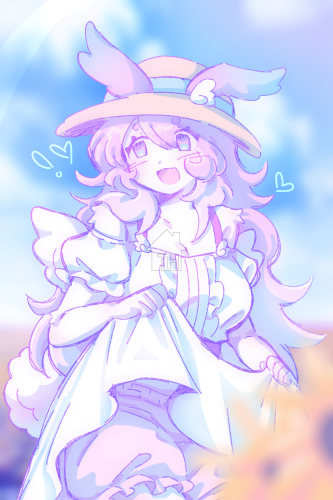 A digital drawing of a bunny girl in a flower field.