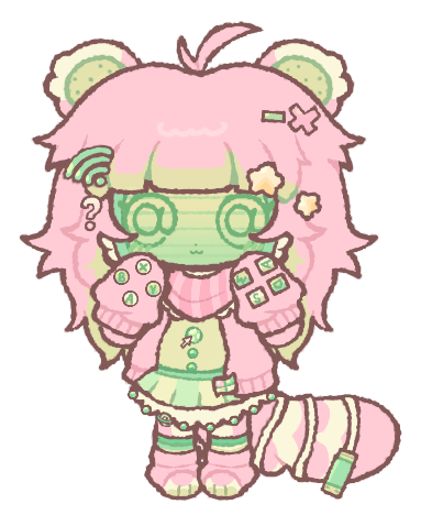 An anthropomorphic animal character with a pink and green digital aesthetic to their clothing.
