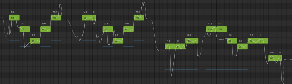 A screenshot of the piano roll from Synthesizer V Studio. The note blocks are green with a white line running through them, indicating the pitch.
